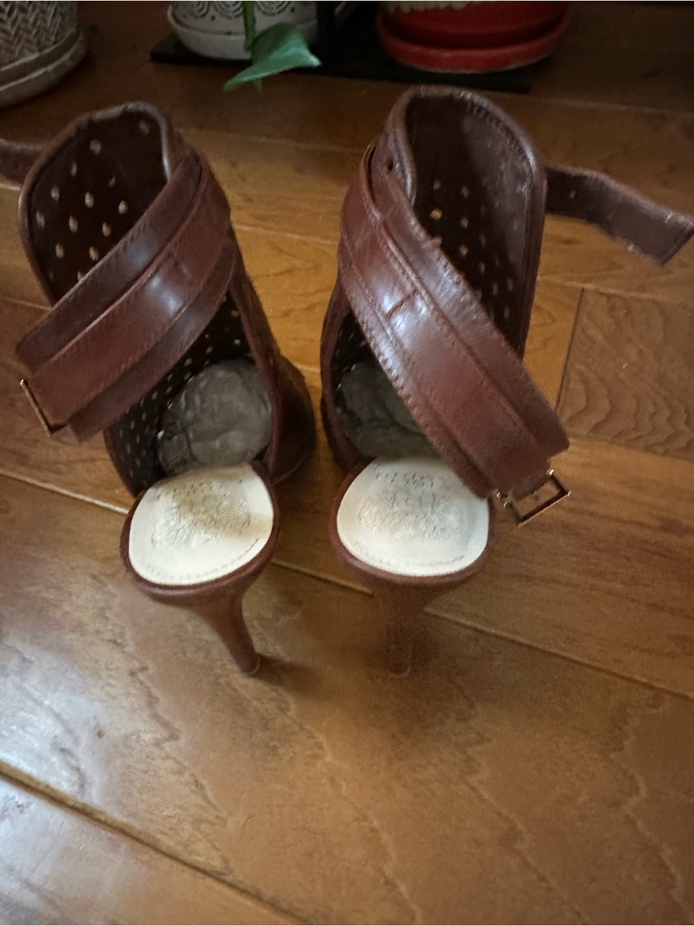 Vince Camuto Brown Perforated Leather Peep-Toe Ankle Strap Heels - Picture 3 of 9